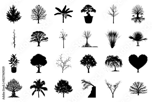 Variety of Tree and Plant Silhouettes in Black and White