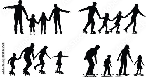 Family silhouettes walking and roller skating together happy