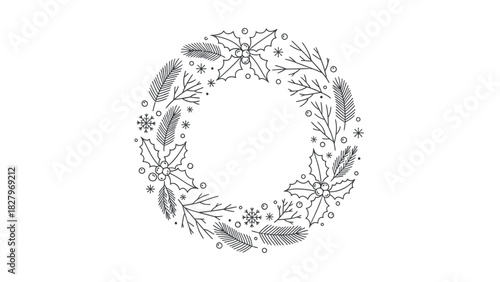 A black and white line art illustration of a festive winter wreath with holly, berries, and pine branches.