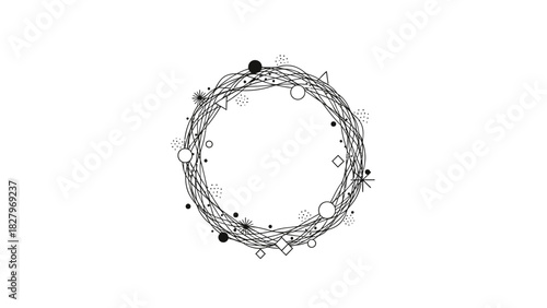 An abstract black and white circular wreath made of tangled lines and various geometric shapes on a white background.
