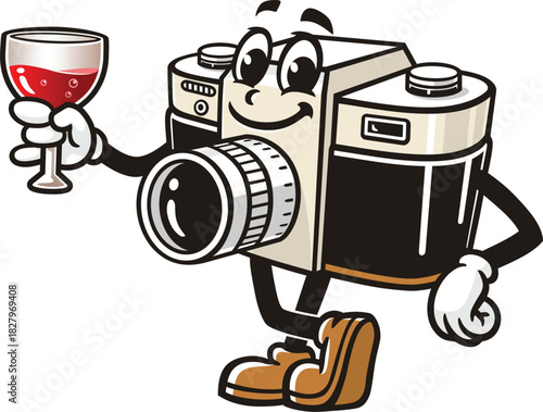 Camera mascot cartoon holding a glass of wine