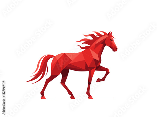 Red low poly horse on white background geometric red horse in walking pose, faceted polygons create modern minimal style symbolizing energy, motion and digital design