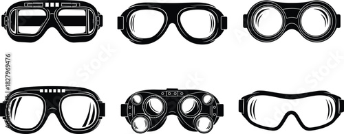 Black Silhouette Vector Set of Protective Goggles Eyewear Including Vintage Pilot Steampunk Safety and Modern Ski Masks for Eye Protection