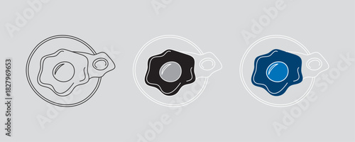 Fried Egg on Plate Vector Set, Outline Black and Blue Icons