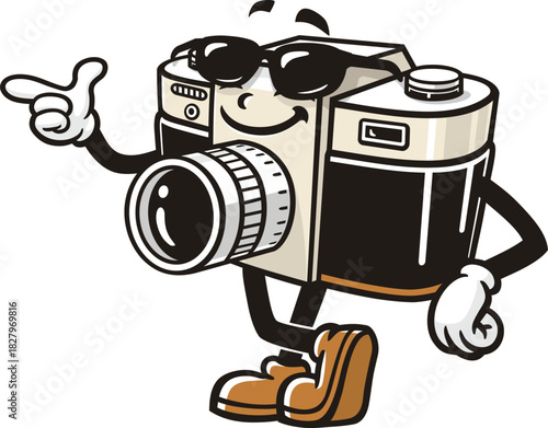 Camera mascot cartoon wearing sunglasses