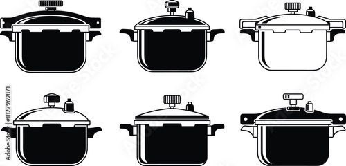 Set of Six Black and White Icons of Different Style Pressure Cookers or Modern Kitchen Pots and Pans for Cooking, cad drawing