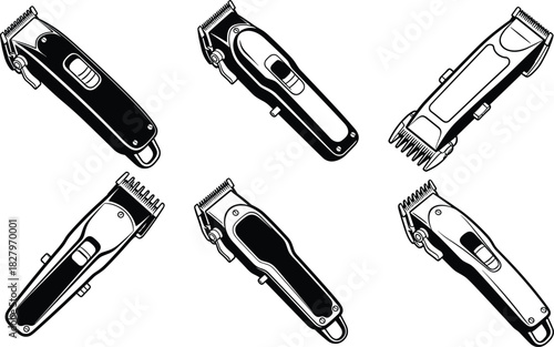 Vector Illustration Set of Professional Hair Clippers and Trimmers Used by Barbers and Hairdressers for Hairstyling and Grooming Salon Equipment
