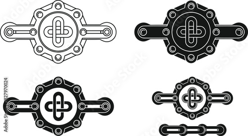 Bicycle chain link and sprocket mechanical logo vector illustration, infinity knot symbol, black and white design isolated for engineering, cycling, security, and connection concepts