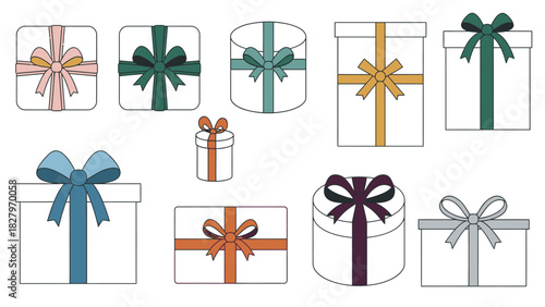 A collection of ten beautifully wrapped gift boxes with various colored ribbons and bows.