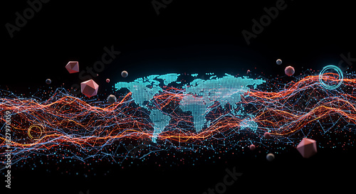 Abstract digital representation of a glowing blue world map emerging from a dynamic, undulating field of orange and blue data points and floating geometric shapes against a dark background
