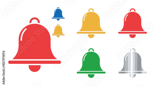 A collection of colorful notification bell icons in a flat design style isolated on a white background.