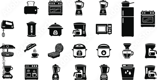 Black silhouette vector icon set of various kitchen appliances, including toaster, oven, blender, and coffee maker, isolated for home electronics and e-commerce UI design