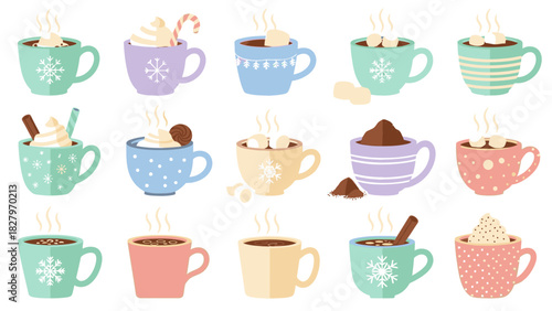 A vibrant collection of fifteen steaming hot chocolate mugs, each with unique designs and delicious toppings.