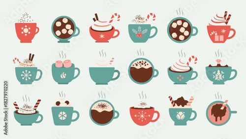 A collection of festive winter hot chocolate mugs with various toppings like marshmallows and candy canes.