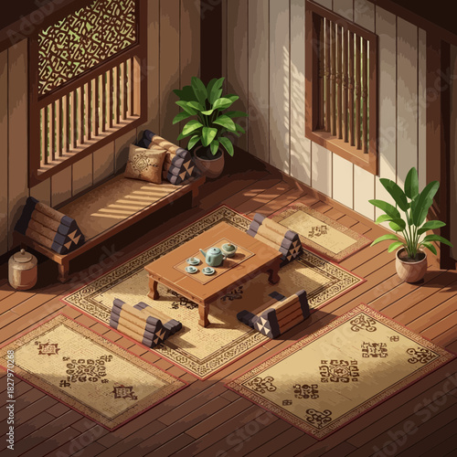 Serene isometric interior: a traditional southeast asian living space design