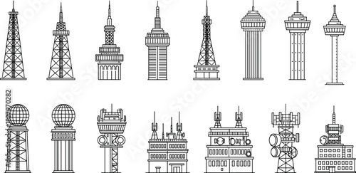 Communication and Telecommunication Towers Line Icons Set, Featuring Broadcast, Radio, Antenna, and Observation Structures, Outline Vector Illustration Collection