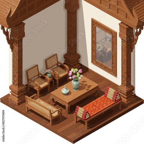 Exquisite Thai Living Room Interior with Traditional Design and Decorations