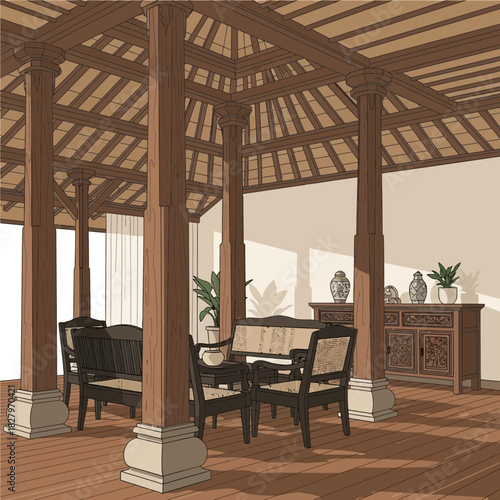 Illustration of a traditional Indonesian joglo house with ornate wood carvings