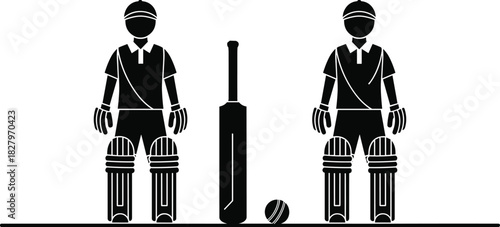 Cricket batsmen silhouette vector illustration, two players standing with bat and ball, professional sport championship concept, black equipment isolated on white background