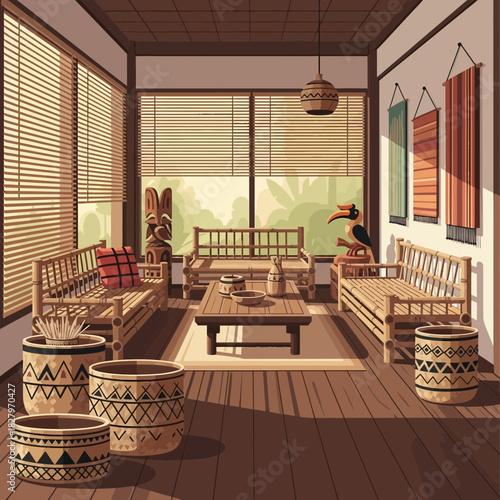 Illustration of a traditional southeast asian living room design concept