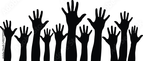 Crowd of raised hands silhouette, group of people lifting arms for voting, volunteering or protest, black vector illustration on white background