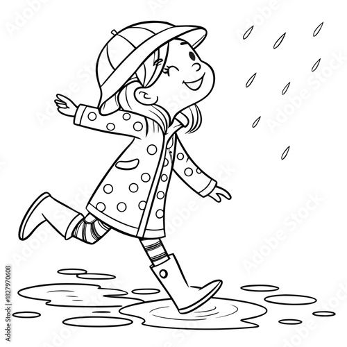 Girl Jumping in Puddles coloring page for kids