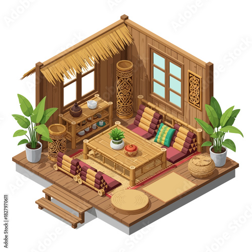 Isometric illustration of a traditional southeast asian style living room
