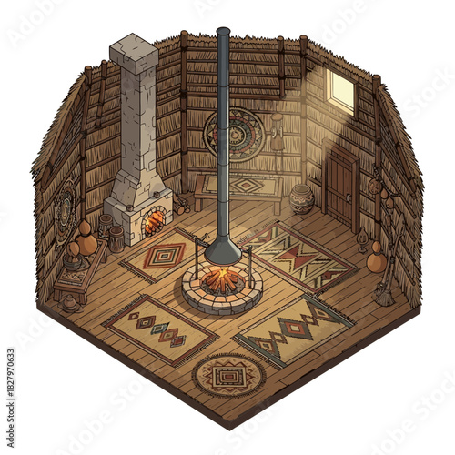Isometric illustration of an interior with fireplace and tribal decoration