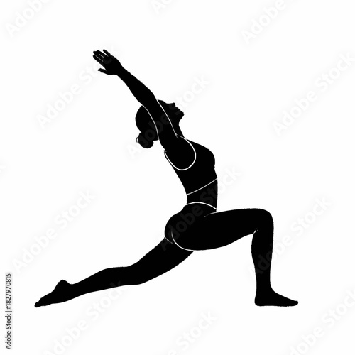 Black silhouette of a fit woman in a high lunge yoga pose.