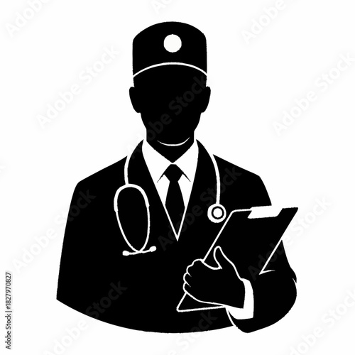 Silhouette of a Doctor Holding a Clipboard and Stethoscope.