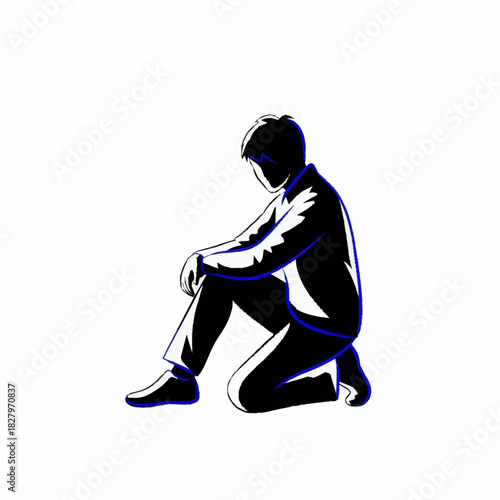Silhouette of a sad and lonely man kneeling down.