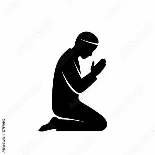 Silhouette of a person in prayer, kneeling with hands clasped in devotion.