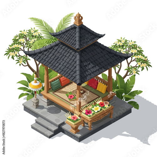 Isometric vector illustration of a Balinese pavilion with offerings and frangipani
