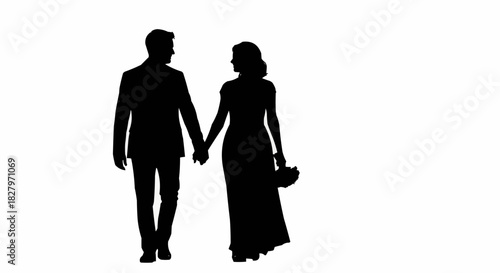 Black silhouette of a bride and groom walking hand in hand.