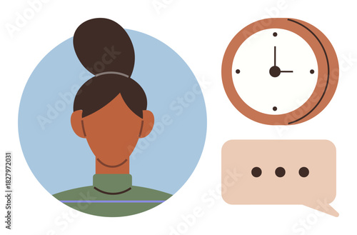 Womans silhouette with bun hairstyle, vintage-style clock, and chat bubble with dots. Ideal for communication, time tracking, teamwork, productivity, scheduling discussions and planning. Simple