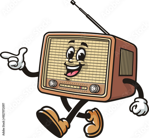 Radio mascot cartoon is walking