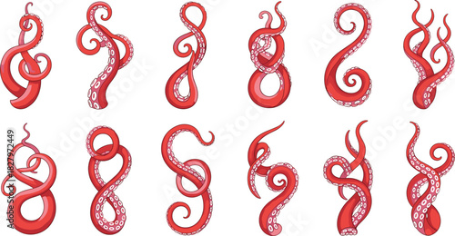 Vector Illustration Set of Red Octopus or Squid Tentacles Coiled and Curled in Various Dynamic Poses, Featuring Suction Cups, Ideal for Marine, Seafood, and Abstract Design