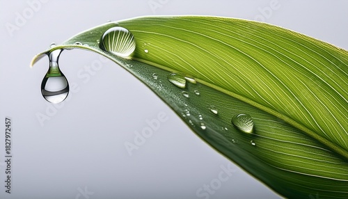 High Detail Close Up Of Water On Green Leaf Edge Against Gray Backdrop Great For Stock