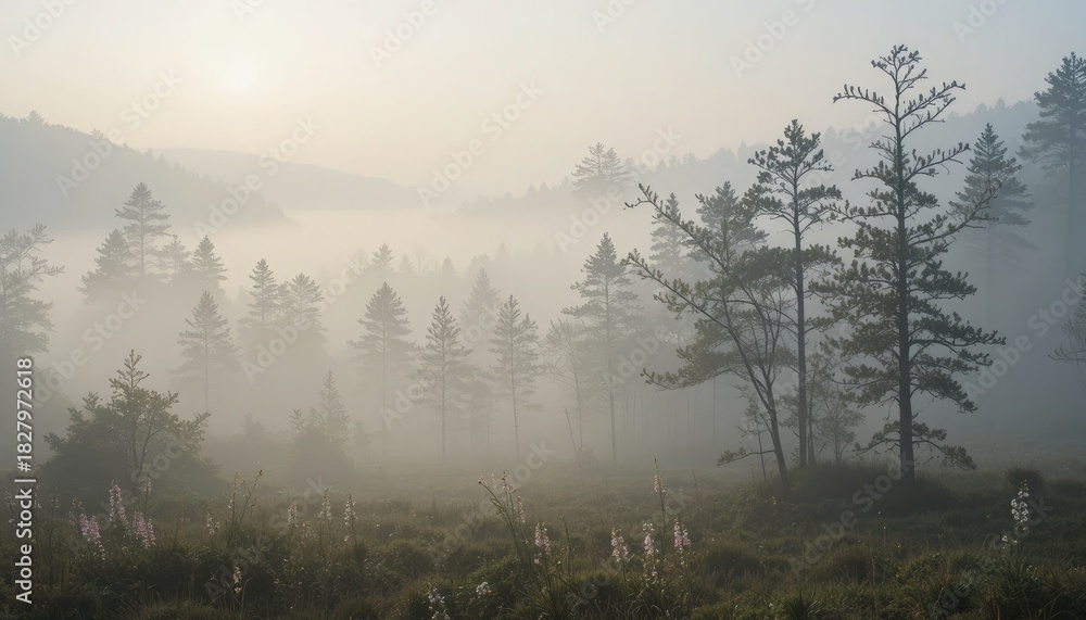 Fototapeta premium Dreamy misty forest at sunrise perfect for wellness retreat ads and nature blogs