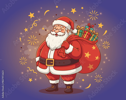 Traditional Santa Claus holding a sack of gifts. Classic holiday icon representing Christmas joy and generosity.