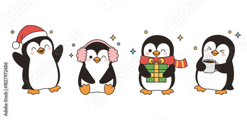 Adorable penguins in winter accessories. Fun seasonal illustration set for holidays and winter themes.