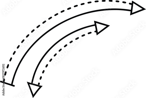 Hand drawn curve dotted line arrow set. curved pointers sign. Sketch curved dashed arrows. signpost showing a confusing complex path. Dashed arrows

