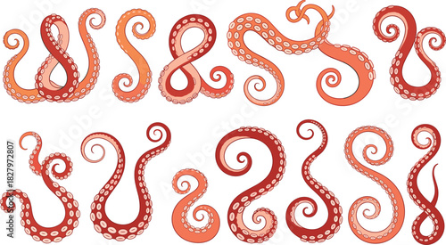 Vector Illustration Set of Dynamic Octopus Tentacles in Various Coiled and Curled Poses, Featuring Detailed Suction Cups, Ideal for Marine Life, Seafood, and Abstract Design Graphics