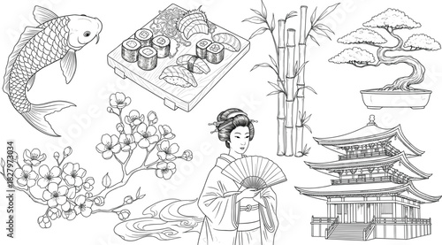 Vector Engraving Style Illustration Set of Traditional Japanese Culture, Featuring Koi Fish, Sushi, Pagoda Temple, Geisha with Fan, Cherry Blossoms, Bamboo, and Bonsai Tree