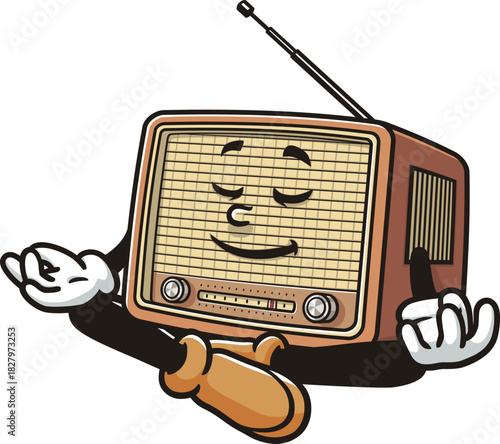 Radio mascot cartoon is meditating or relaxing