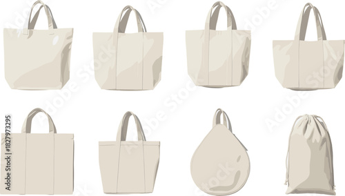 Vector Illustration Set of Blank Canvas Tote Bags and Drawstring Pouches, Ideal for Apparel Mockups, Eco-Friendly Shopping, Branding, Merchandising, and Custom Design Templates
