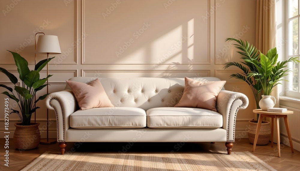 Fototapeta premium A cozy living room setting with two sofas, pillows, indoor plants, potted greenery, a wooden coffee table, and a window allowing natural light in