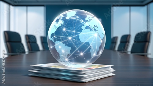 Global business network globe sitting on euro currency in modern conference room