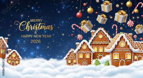 Gingerbread house village scene on cloud with presents and baubles, for Christmas and New Year 2026, representing festive atmosphere and tradition