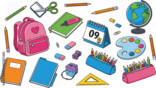 Large Vector Collection of Colorful School Supplies, Including Backpack, Globe, Stationery, Pencils, Scissors, Calendar, Notebooks, and Art Palette for Back to School and Education Graphics